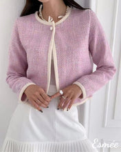 Load image into Gallery viewer, Pink-Korean-Tweed-Fabrics-Jacket-with-White-Border-Design-model-shots
