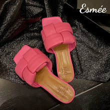 Load image into Gallery viewer, Pink-Leather-Flat-Sandals-with-Thick-Woven-Design-product-shots
