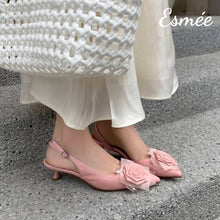 將圖片載入圖庫檢視器 Pink-Leather-High-Heel-D_Orsay-Sandals-with-Flower-Design-model-shots
