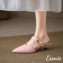 Load image into Gallery viewer, Pink-Leather-High-Heel-Mules-with-Metal-Buckle-Design-model-shots
