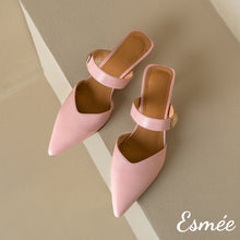 Load image into Gallery viewer, Pink-Leather-High-Heel-Mules-with-Metal-Buckle-Design-product-shots
