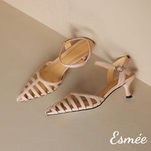 Load image into Gallery viewer, Pink-Leather-High-Heel-Sandals-with-Roman-Design-product-shots
