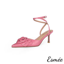 Load image into Gallery viewer, Pink-Leather-High-Heel-Sandals-with-Rosebud-Design-product-shots-white-background
