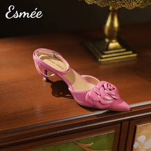 Load image into Gallery viewer, Pink-Leather-High-Heel-Sandals-with-Rosebud-Design-product-shots
