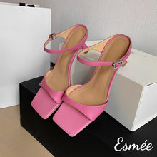 Load image into Gallery viewer, Pink-Leather-High-Heel-Sandals-with-Square-Toe-Design-product-shots
