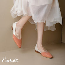 Load image into Gallery viewer, Salmon-Pink-Dual-Color-Leather-Low-Heels-with-D_Orsay-Design-model-shots
