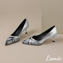 Load image into Gallery viewer, Silver-Dual-Color-Leather-High-Heels-with-Snake-Leather-Toe-Cap-product-shots
