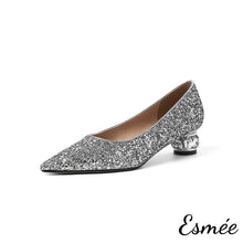 Load image into Gallery viewer, Silver-Glitter-High-Heels-with-Diamond-Heels-product-shots-white-background
