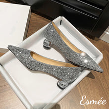 Load image into Gallery viewer, Silver-Glitter-High-Heels-with-Diamond-Heels-product-shots
