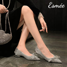 Load image into Gallery viewer, Silver-Glitter-Low-Heels-with-Bow-Knot-and-Special-Designed-Heels-model-shots
