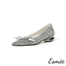 Load image into Gallery viewer, Silver-Glitter-Low-Heels-with-Bow-Knot-and-Special-Designed-Heels-product-shots-white-background
