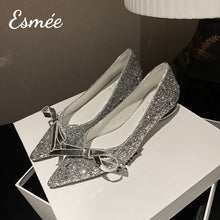 Load image into Gallery viewer, Silver-Glitter-Low-Heels-with-Bow-Knot-and-Special-Designed-Heels-product-shots
