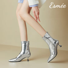 Load image into Gallery viewer, Silver-Leather-Ankle-Boots-with-Stiletto-model-shots
