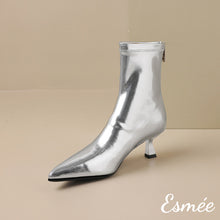 Load image into Gallery viewer, Silver-Leather-Ankle-Boots-with-Stiletto-product-shots
