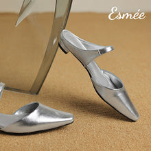 Load image into Gallery viewer, Silver-Leather-Flat-Mules-with-Straps-Design-product-shots
