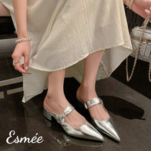 Load image into Gallery viewer, Silver-Leather-High-Heel-Mules-with-Bow-Knot-Straps-model-shots
