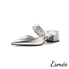 Load image into Gallery viewer, Silver-Leather-High-Heel-Mules-with-Bow-Knot-Straps-product-shots-white-background
