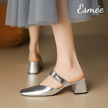 Load image into Gallery viewer, Silver-Leather-High-Heel-Mules-with-Metal-Buckle-model-shots
