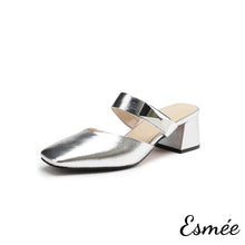 Load image into Gallery viewer, Silver-Leather-High-Heel-Mules-with-Metal-Buckle-product-shots-white-background
