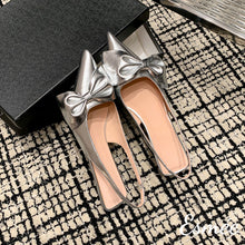 Load image into Gallery viewer, Silver-Leather-High-Heel-Sandals-with-Big-Bow-Knot-Design-product-shots
