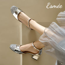 Load image into Gallery viewer, Silver-Leather-High-Heel-Sandals-with-Glitter-Toe-Cap-model-shots
