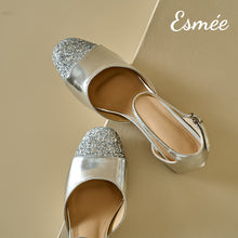 Load image into Gallery viewer, Silver-Leather-High-Heel-Sandals-with-Glitter-Toe-Cap-product-shots
