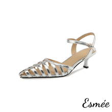 Load image into Gallery viewer, Silver-Leather-High-Heel-Sandals-with-Roman-Design-product-shots-white-background
