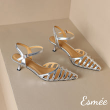 Load image into Gallery viewer, Silver-Leather-High-Heel-Sandals-with-Roman-Design-product-shots
