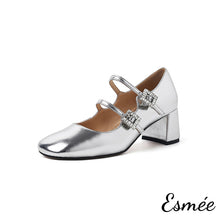 將圖片載入圖庫檢視器 Silver-Leather-High-Heel_Maryjanes-with-Double-Rhinestone-Buckles-product-shots-white-background
