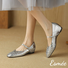 Load image into Gallery viewer, Silver-Leather-Invisible-Increased-Height-Maryjanes-with-Woven-Design-model-shots
