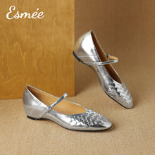 Load image into Gallery viewer, Silver-Leather-Invisible-Increased-Height-Maryjanes-with-Woven-Design-product-shots
