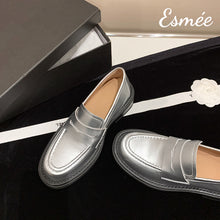 Load image into Gallery viewer, Silver-Leather-Loafers-with-Thickened-Outsole-product-shots
