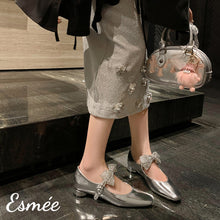 Load image into Gallery viewer, Silver-Leather-Mary-Janes-with-Detachable-Silver-Bow-Knot-model-shots
