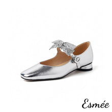 Load image into Gallery viewer, Silver-Leather-Mary-Janes-with-Detachable-Silver-Bow-Knot-product-shots-white-background
