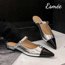 Load image into Gallery viewer, Silver-Leather-Mules-with-Black-Toe-Cap-product-shots
