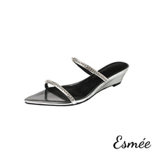 Load image into Gallery viewer, Silver-Leather-Mules-with-Diamond-Straps-and-Wedge-Heels-product-shots-white-background
