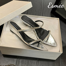 Load image into Gallery viewer, Silver-Leather-Mules-with-Diamond-Straps-and-Wedge-Heels-product-shots
