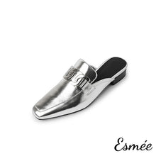 Load image into Gallery viewer, Silver-Leather-Mules-with-Metal-Buckle-product-shots-white-background
