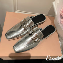 Load image into Gallery viewer, Silver-Leather-Mules-with-Metal-Buckle-product-shots
