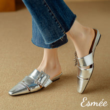 Load image into Gallery viewer, Silver-Leather-Roman-Mules-with-Diamond-Buckle-model-shots
