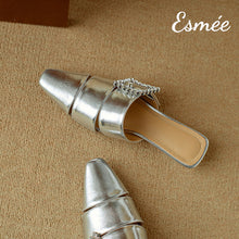 Load image into Gallery viewer, Silver-Leather-Roman-Mules-with-Diamond-Buckle-product-shots
