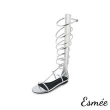 Load image into Gallery viewer, Silver-Leather-Roman-Sandals-with-Rear-Zippers-product-shots-white-background
