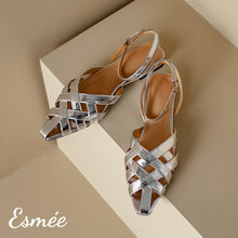 Load image into Gallery viewer, Silver-Leather-Sandals-with-Woven-Design-and-Ankle-Straps-product-shots
