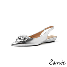 Load image into Gallery viewer, Silver-Leather-Slingback-with-Rose-Bud-Design-product-shots-white-background
