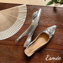 Load image into Gallery viewer, Silver-Leather-Slingback-with-Rose-Bud-Design-product-shots
