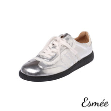 Load image into Gallery viewer, Silver-Leather-Sneakers-with-Lace-Pattern-product-shots-white-background
