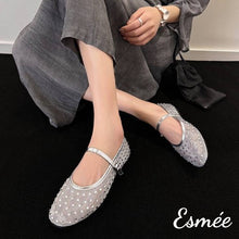 Load image into Gallery viewer, Silver-Mesh-Fabrics-Maryjanes-with-Rhinestone-Design-model-shots
