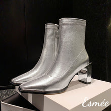 Load image into Gallery viewer, Silver-Metallic-Leather-Ankle-Boots-with-Thin-Block-Heels-product-shots
