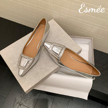 Load image into Gallery viewer, Silver-Patent-Leather-Flats-with-Rhinestone-Buckle-product-shots
