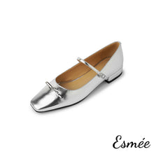 Load image into Gallery viewer, Silver-Patent-Leather-Maryjanes-with-Metal-Bar-Design-product-shots-white-background
